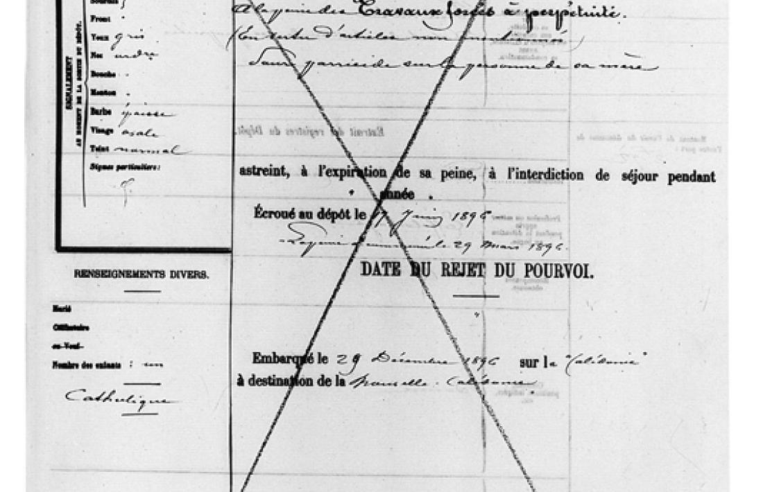 Primera pàgina de l'expedient de Baco, amb la data d'ingrés al presidi de Saint Martin de Ré, el 17 de juny del 1896.