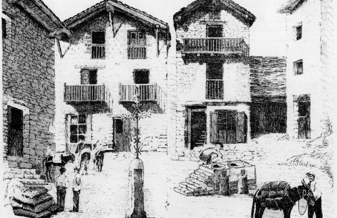 Reconstrucció més o menys ideal del Cap del Carrer, amb les mesures erròniament ubicades a la intempèrie al mig de l'espai i no a l'interior del Firal, a la dreta, on es creu que estaven ubicades (Il·lustració de Pere Canturri).