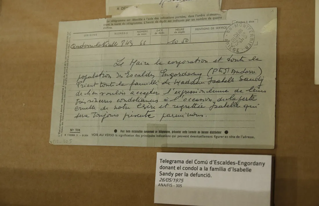 Telegrama del comú d'Escaldes a la família amb motiu del traspàs de l'escriptora; l'any abans li havia dedicat un carrer a la parròquia.