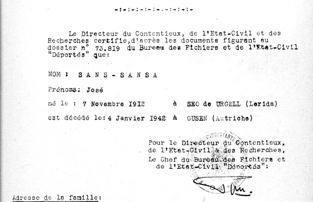 Document del ministeri francès de veterans de guerra que certifica la mort de Josep Sans a Gusen, subcamp de Mauthausen.