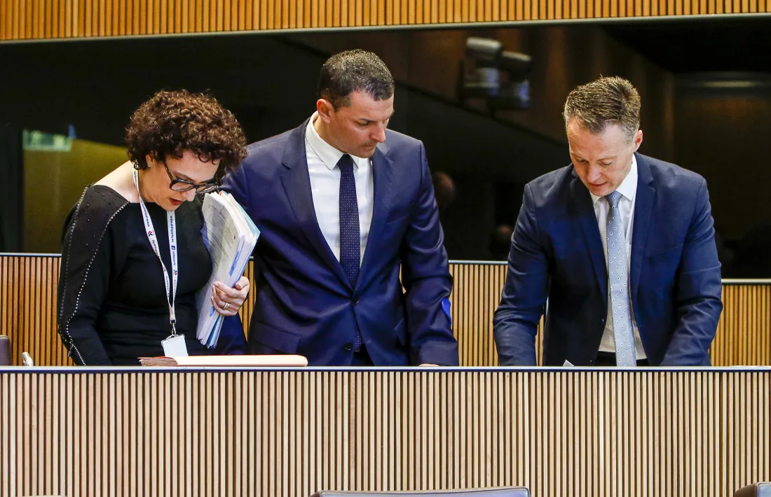 Judith Pallarés, Jordi Gallardo i Ferran Costa en una sessió del Consell General.