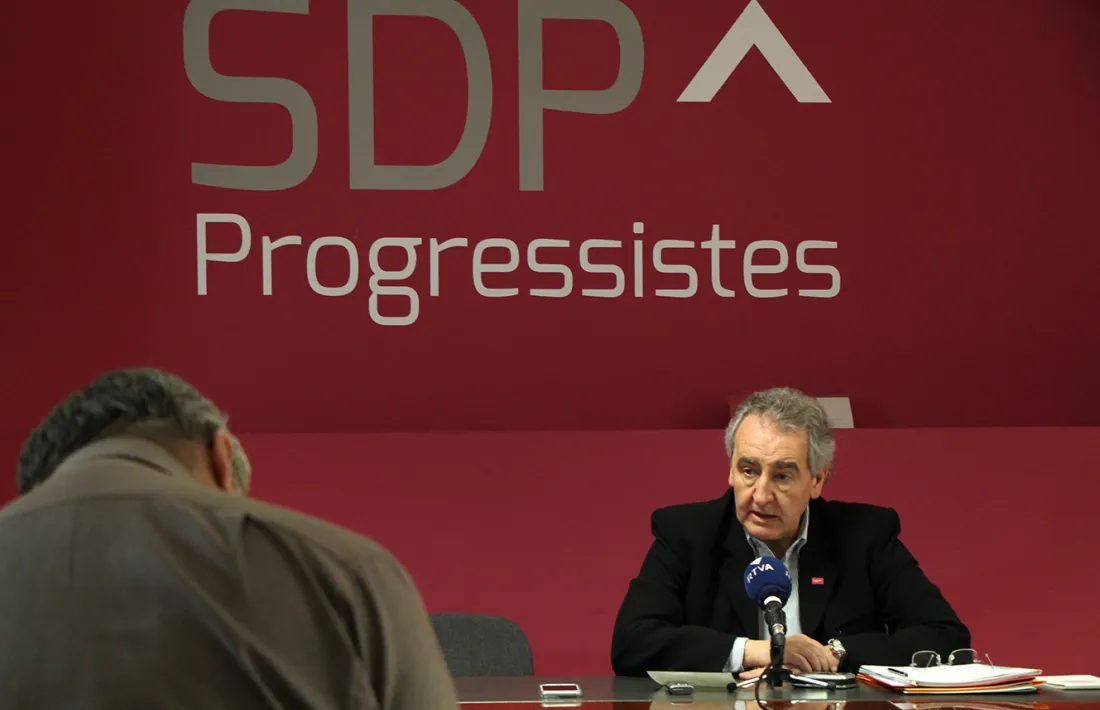 El president de Progressistes-SDP, Jaume Bartumeu, durant la roda de premsa de presentació de les llistes.