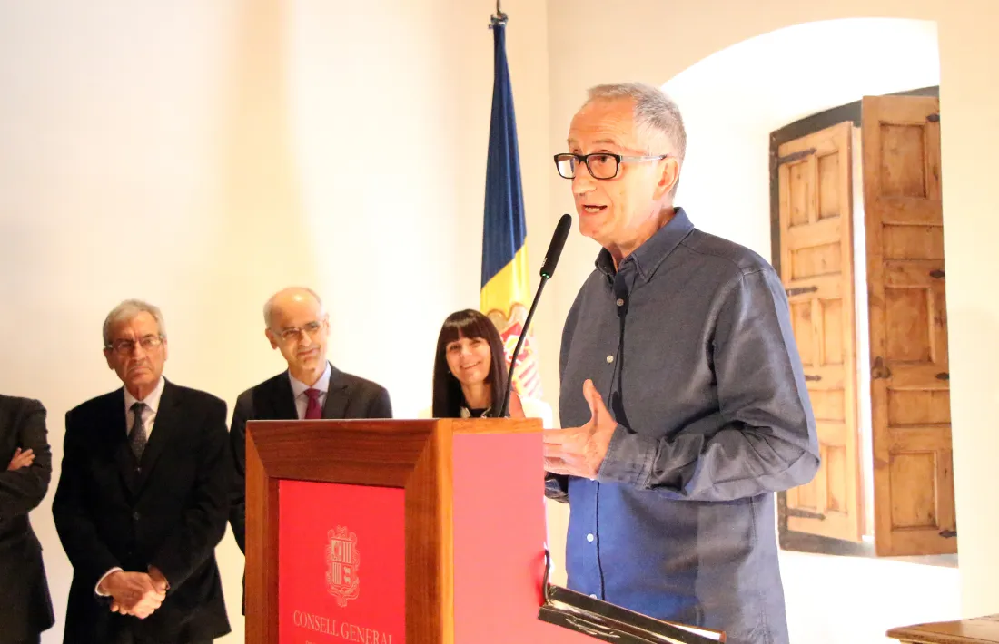 ANA/ El coordinador de la candidatura perquè el coprincipat sigui Patrimoni Mundial de la Unesco, Joan Reguant, durant l'acte d'aquest dijous a Casa de la Vall.