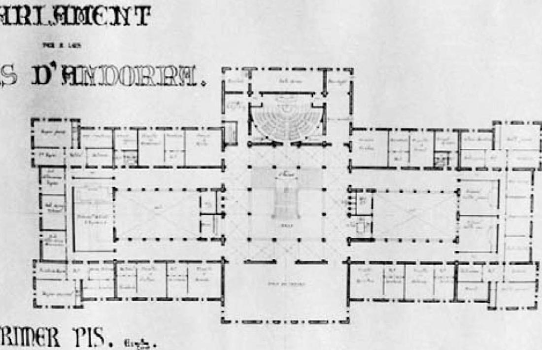 Alçat i planta del Parlament per a les Valls d’Andorra, projecte de fi de carrera de Xavier Pla que data del 1933 i que s’inspira en la seu de la Universitat de Barcelona, projectada per Elias Rogent (1871) i on el mateix Pla va estudiar entre el 1923 i el 1933.