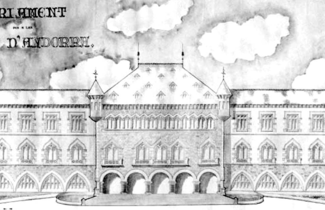 Alçat i planta del Parlament per a les Valls d’Andorra, projecte de fi de carrera de Xavier Pla que data del 1933 i que s’inspira en la seu de la Universitat de Barcelona, projectada per Elias Rogent (1871) i on el mateix Pla va estudiar entre el 1923 i el 1933.