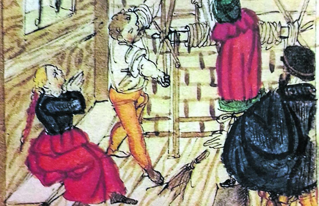El turment de l’estrep, penjar el reu pels polzes –i per l’esquena!– segons un dibuix suís del 1568.