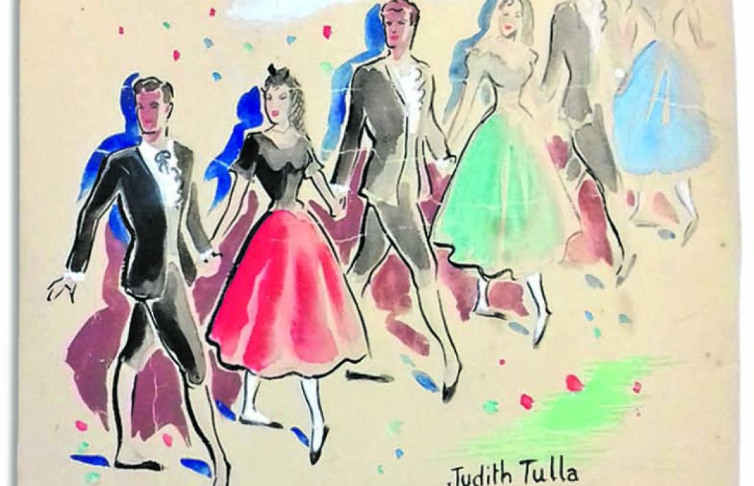 Claude Benet i Jaume Torra observen un dels cartells pintats per Judit Tulla; a la dreta, el cartell de l’actuació de l’Esbart Andorrà al cine Valira, el 16 de febrer del 1952.