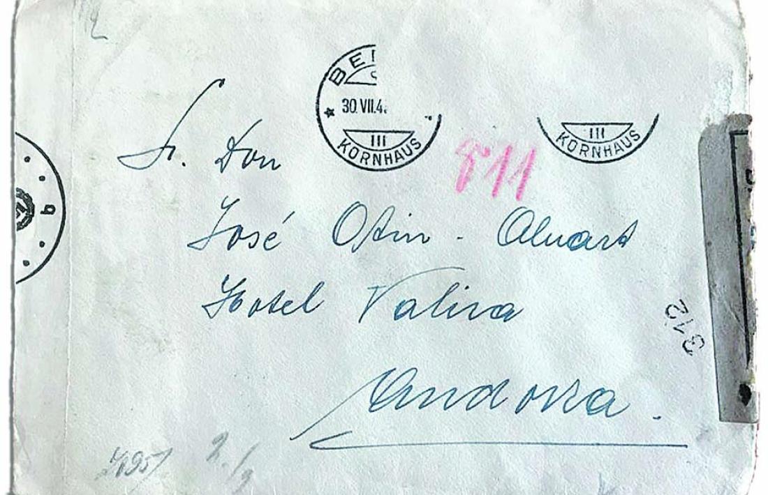 Vers de la carta escrita el 22 de juliol del 1943 per Juaniata l seu pare, José, refugia a l'hotel Valira.