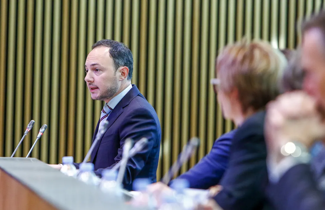 El candidat a cap de Govern de Demòcrates, Xavier Espot, en un moment de la intervenció en què va detallar el programa de Govern.