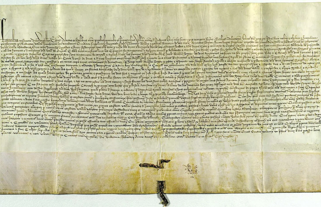 Privilegi del bisbe Tovià atorgat el 1419 i considerat el reconeixement oficiós del Consell de la Terra, conservat als fons de Casa Rossell.