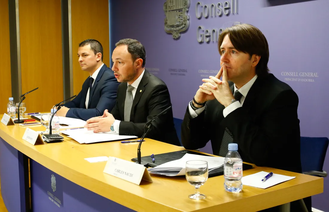 Jordi Gallardo, Xavier Espot i Carles Naudi van presentar ahir l’acord i el full de ruta del Govern de coalició.