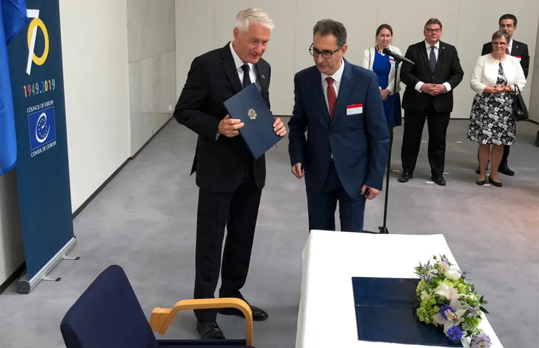 El representant permanent del Govern d’Andorra prop del Consell d’Europa, l’ambaixador Josep Areny, abans de la ratificació del Protocol 16 de la Convenció per a la salvaguarda dels drets humans i les llibertats fonamentals.