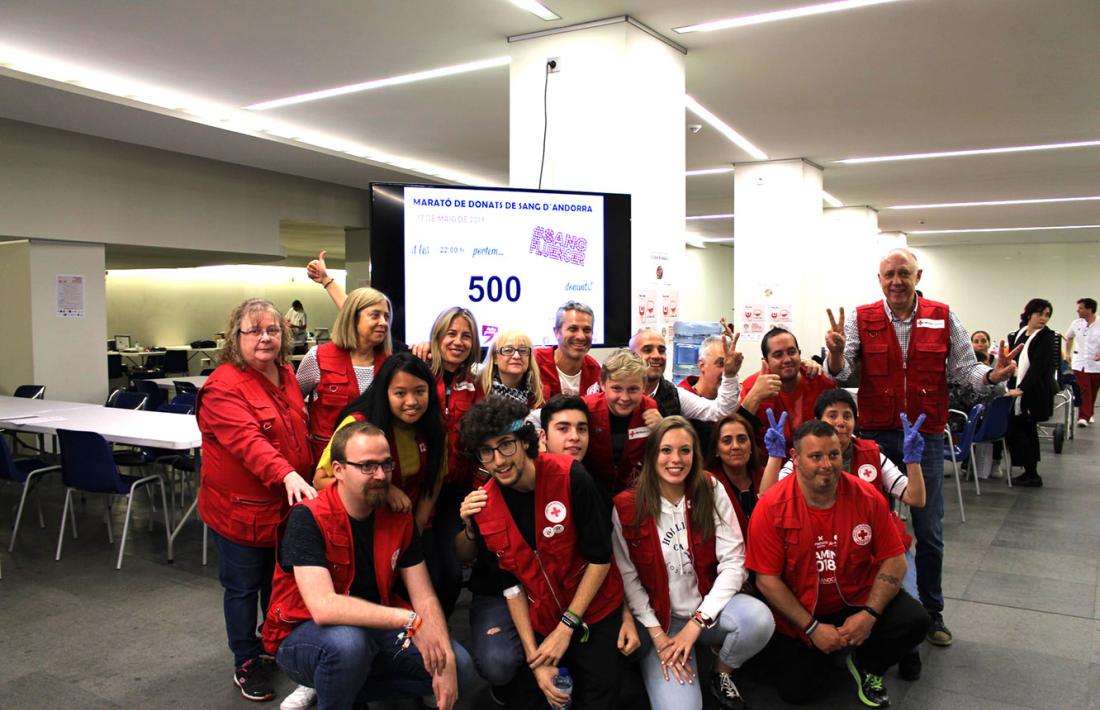 Voluntaris i responsables de la Creu Roja Andorrana davant el marcador amb les 500 donacions.