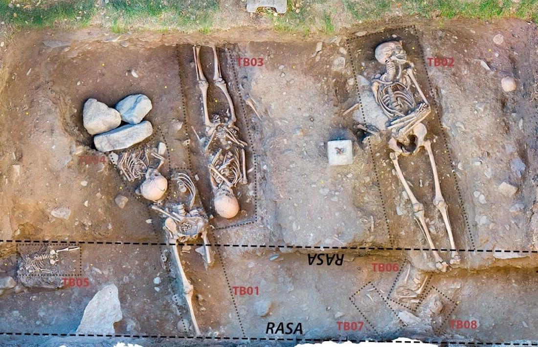 Pla zenital del jaciment de Santa Coloma.: els dos cossos que Regirarocs ha ‘vestit’ són els d’un noi d’uns 10 anys (TB03, a la foto), i el d’un nen d’uns 2 anyets, al seu costat, i del qual només se’n va conservar el tronc i el cap.