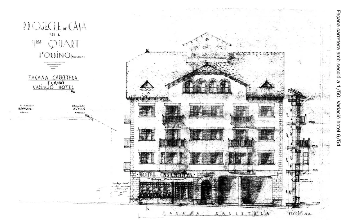 Projecte original de l’hotel Casamanya, firmat per Pla el 1952 i que inicialment havia de ser una casa de veïns.