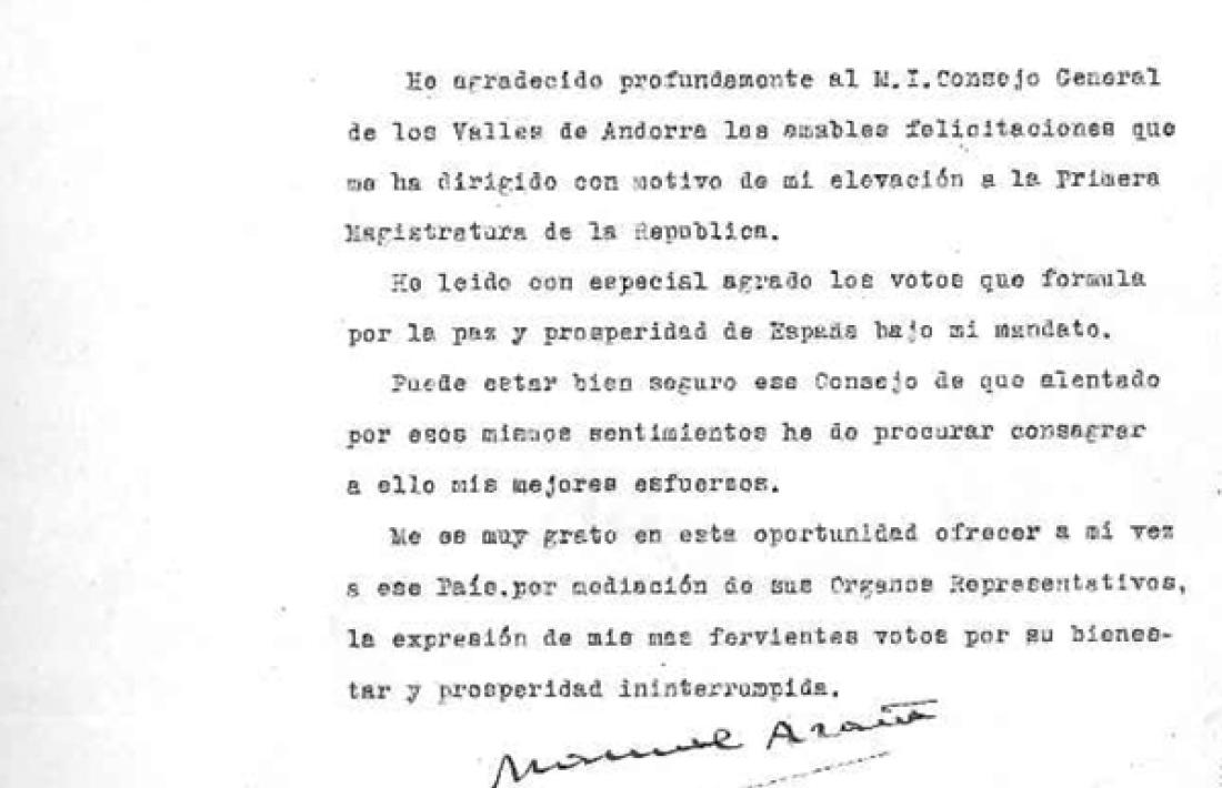 La carta d’Azaña al Consell General exhumada per Antoni Pol.