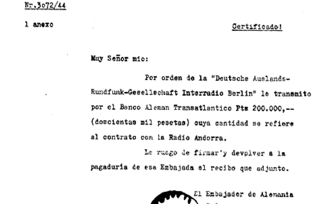 El comprometedor document que recull el pagament nazi a favor de Radio Andorra, recollit el 1953 per Louis Noguères i ara per Printz.