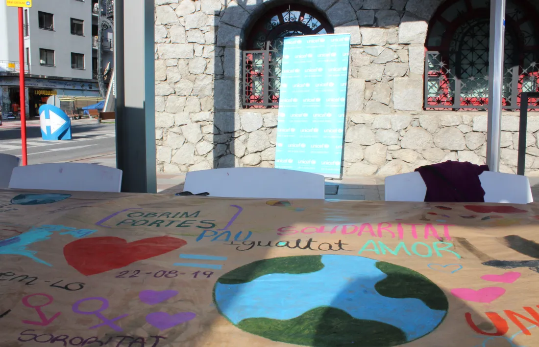 El mural solidari davant del Museu Carmen Thyssen Andorra.