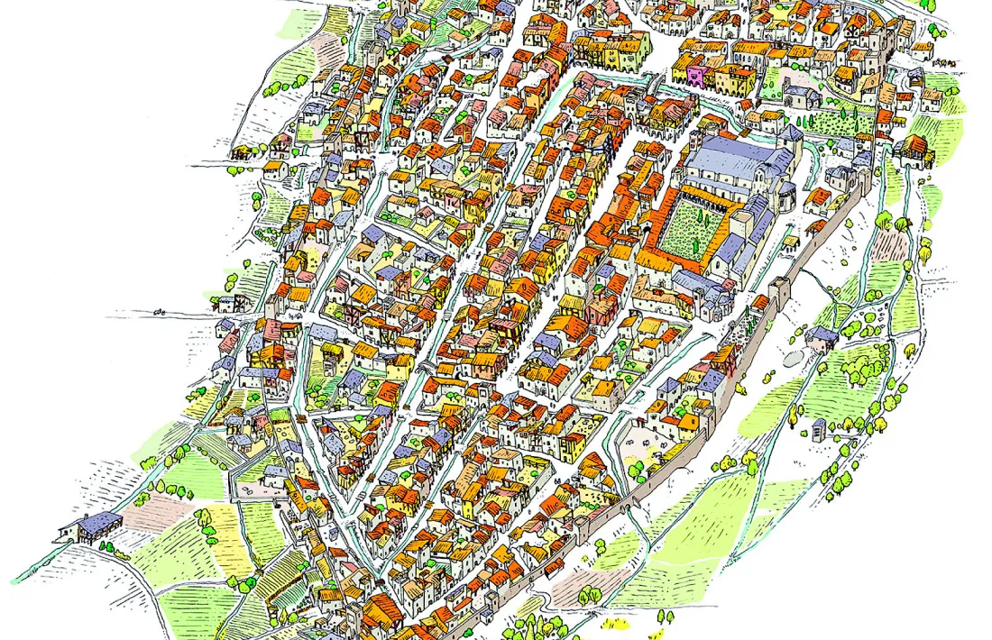 Reconstrucció ideal de la Seu del segle XIV, amb els barris, carrers, muralles i rigueres, a partir dels protocols notarials de l’època.
