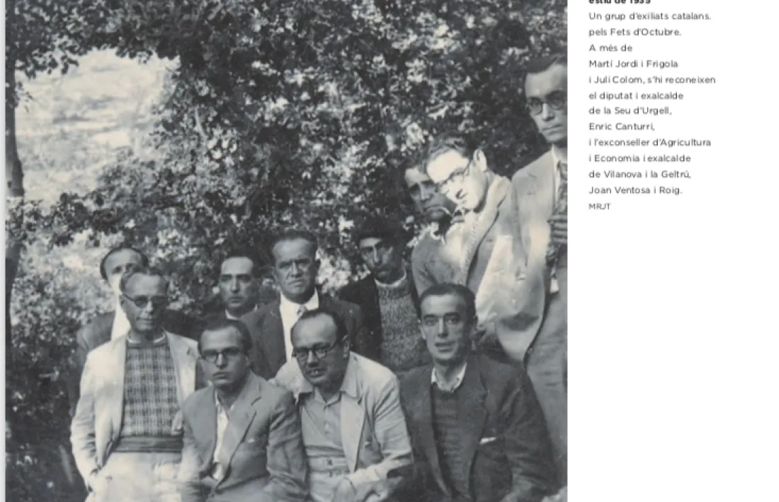 Canturri, al mig, amb camisa blanca, l’estiu del 1935 en algun lloc d’Andorra, amb altres refugiats pels Fets d’Octubre, entre els quals hi ha Martí Jordi, Juli Colom i Joan Ventosa.