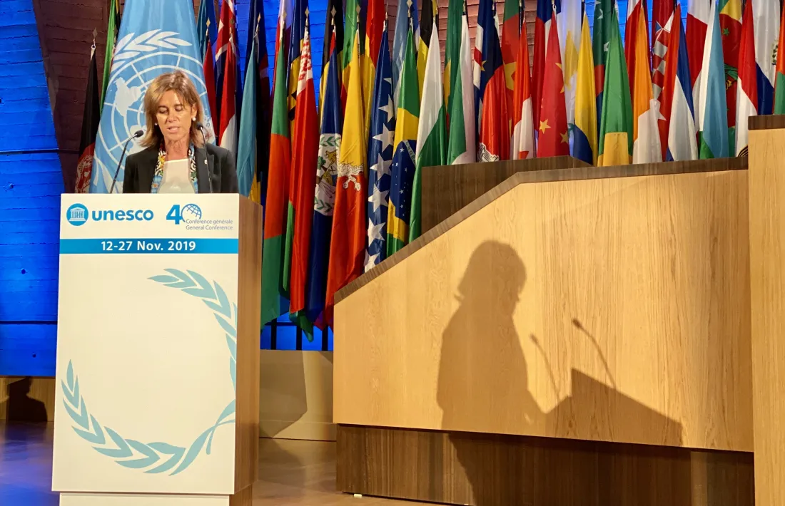 La ministra durant la seva intervenció a la conferència general de la Unesco.