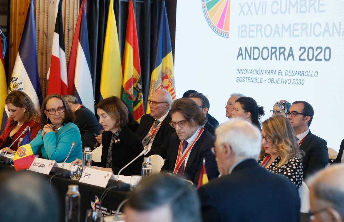 Un moment de la intervenció de Maria Ubach a la Reunió iberoamericana de ministres d’Afers Exteriors d’ahir a Soldeu.