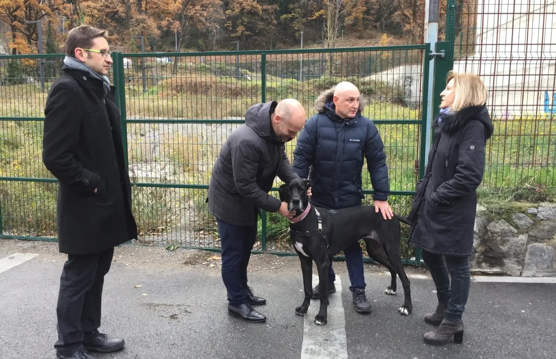 Els candidats de DA, amb un gos, davant dels terrenys on hi hauria el parc.