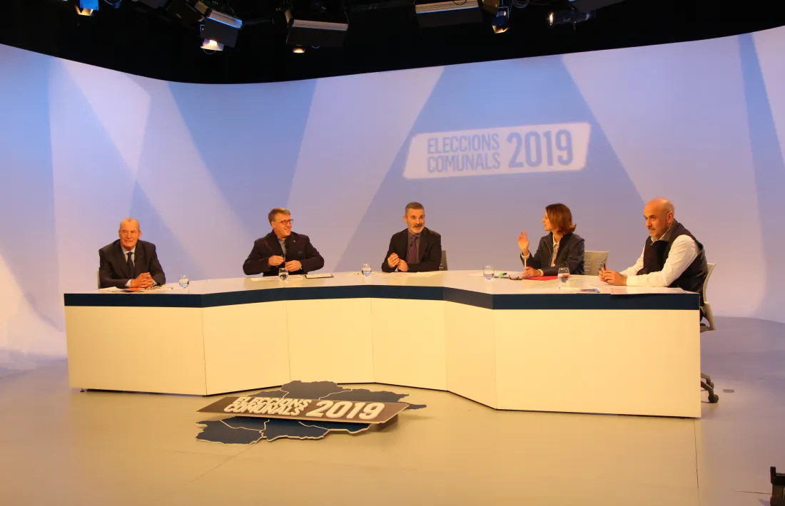 Els caps de llista de les quatre formacions que es presenten a les eleccions comunals a Escaldes-Engordany en el debat televisiu d’ahir.
