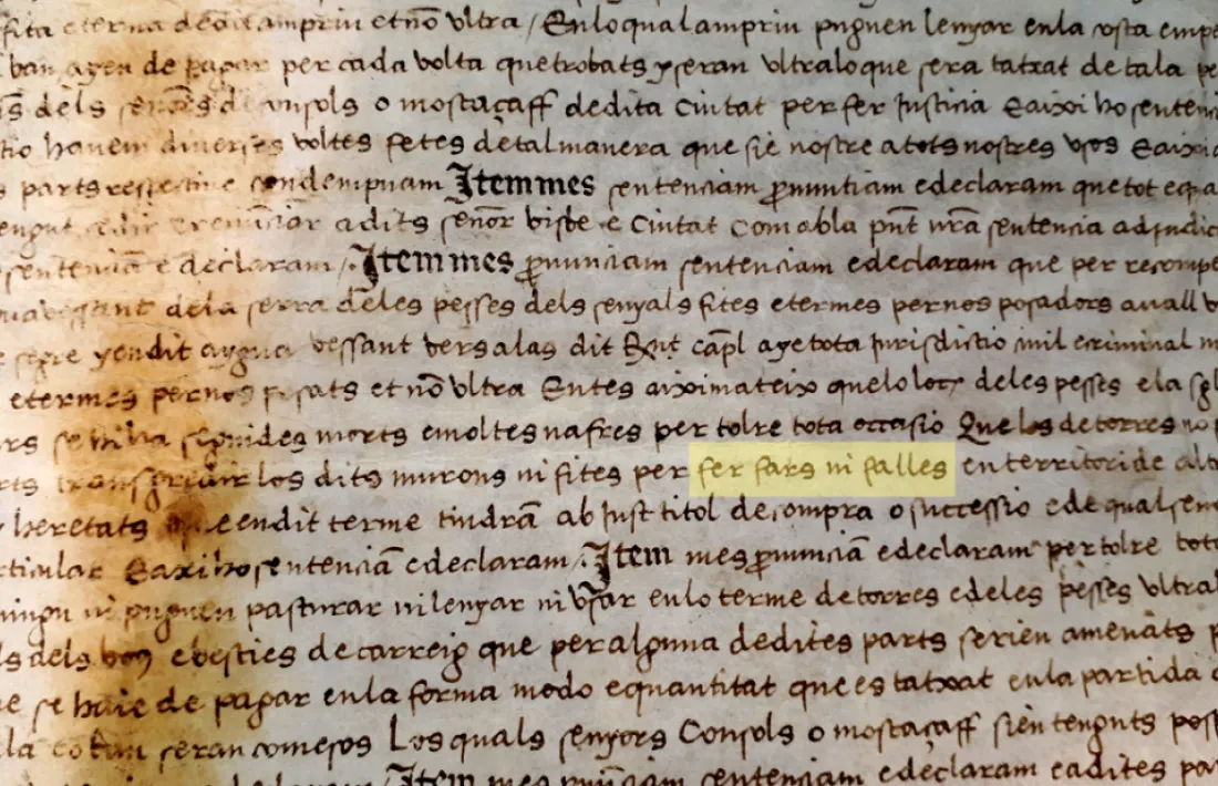 El pergamí del 1543 recull una sentència de delimitació de termes on s’esmenten les falles.
