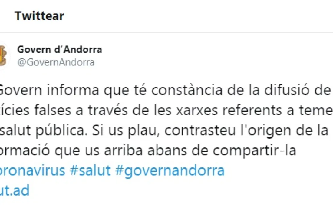 El tuit que ha fet el Govern per informar de les notícies falses.