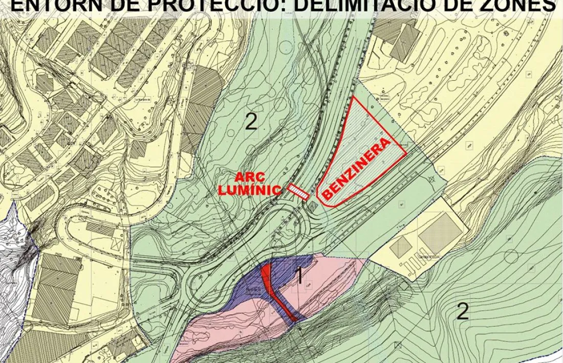 Plànol de l'entorn de protecció del pont de la Margineda: larc de leds queda al mig de la zona 2 o sensible del perímetre.