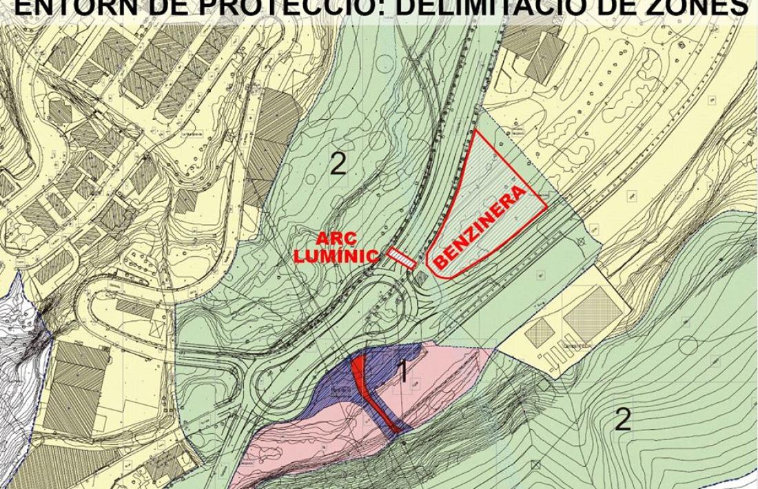 Plànol de l'entorn de protecció del pont de la Margineda: larc de leds queda al mig de la zona 2 o sensible del perímetre.