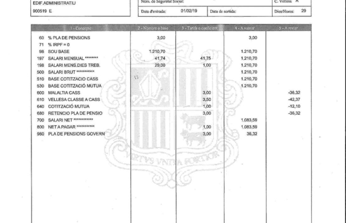 Exemple d’una nòmina d’un operari de manteniment del Govern.