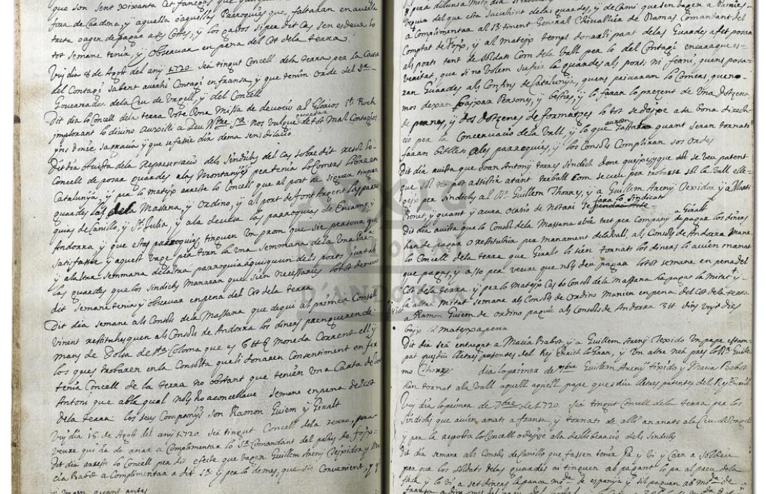 Llibre d’actes del Consell de la Terra amb l’entrada corresponent al 8 d’agost del 1720. S’hi dona compte de les mesures per prevenir el contagi de la pesta marsellesa.