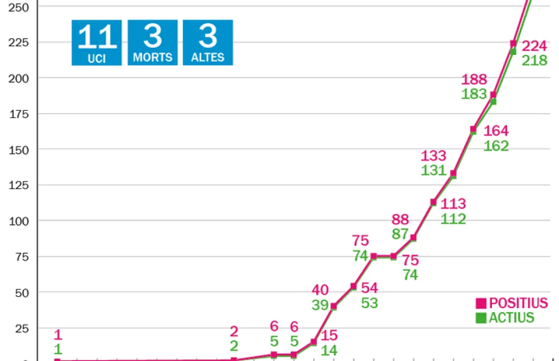 Corva epidemiològica des del prier cas, que es va declarar el 2 de març, fins a l'actualització d'aquest matí, quan se'n registraven 261 d'actius per a un total de 267.