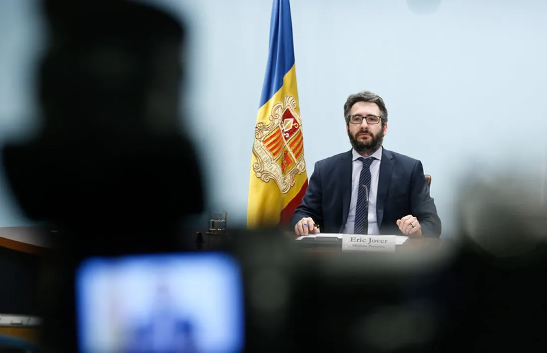 El ministre portaveu, Eric Jover, durant la roda de premsa d'aquest vespre.