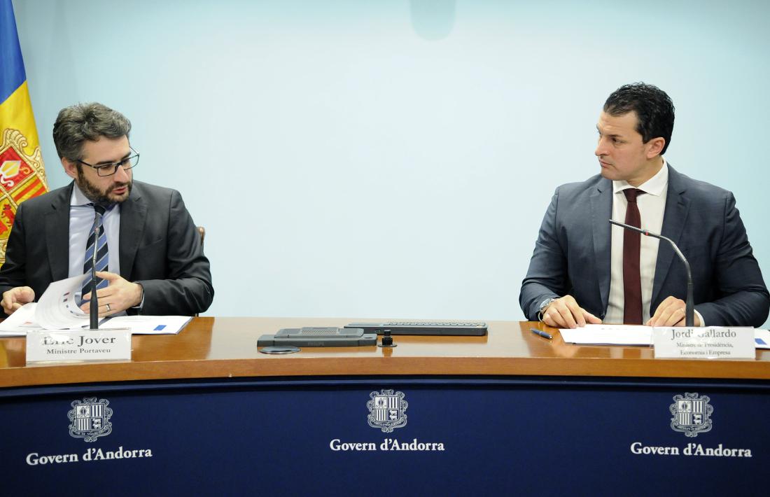 El ministre de Finances, Eric Jover, i el titular de Presidència, Economia i Empresa, Jordi Gallardo, en la compareixença d’ahir.