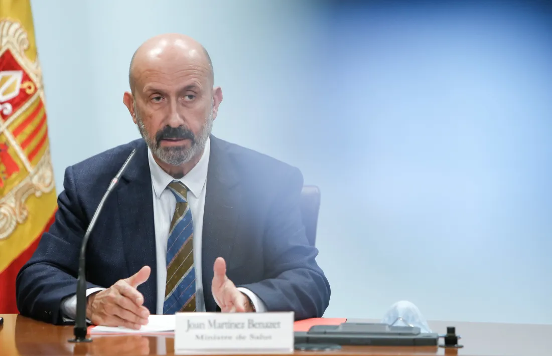 El ministre de Salut, en la compareixença d'aquest migdia a la sala de premsa de l'edifici administratiu.