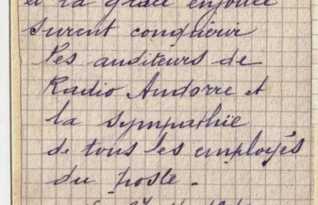 Nota de comiat que Abouly li va escriure a la locutora catalana Maria Escrihuela, amb qui el 4 d'abril del 1940 va estrenar els micròfons de Radio Andorra. El pas d'Escrihuela per l'estacio va ser efímer: el 27 d'abril del 1940 se'n tornava cap a Badalona. Però seu és legítimament el títol de primera 'Mademoiselle Aquí.'