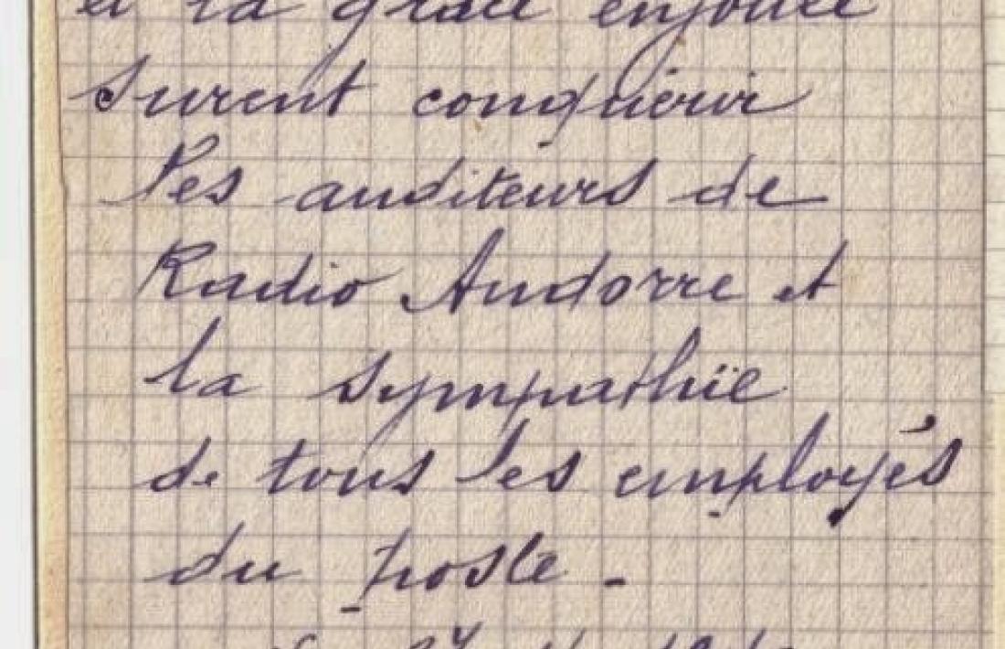 Nota de comiat que Abouly li va escriure a la locutora catalana Maria Escrihuela, amb qui el 4 d'abril del 1940 va estrenar els micròfons de Radio Andorra. El pas d'Escrihuela per l'estacio va ser efímer: el 27 d'abril del 1940 se'n tornava cap a Badalona. Però seu és legítimament el títol de primera 'Mademoiselle Aquí.'