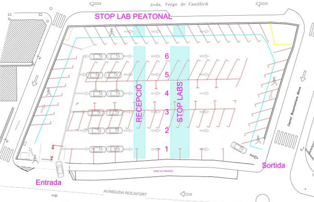 Plànol de l'aparcament del Prat Nou per dur a terme els tests ràpids d'anticossos.