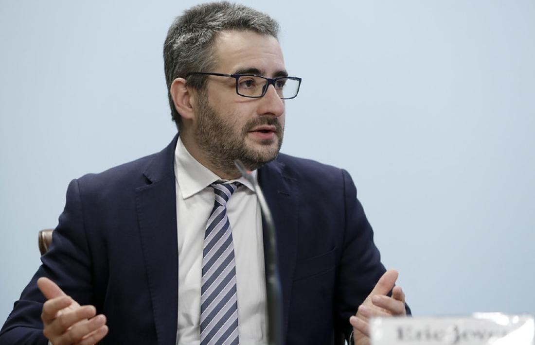El ministre portaveu, Eric Jover, durant la roda de premsa d'aquesta tarda.
