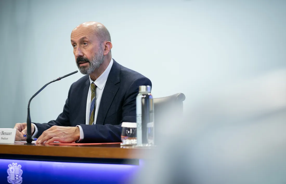 El ministre de Salut, Joan Martínez Benazet, durant la roda de premsa d'aquesta tarda.