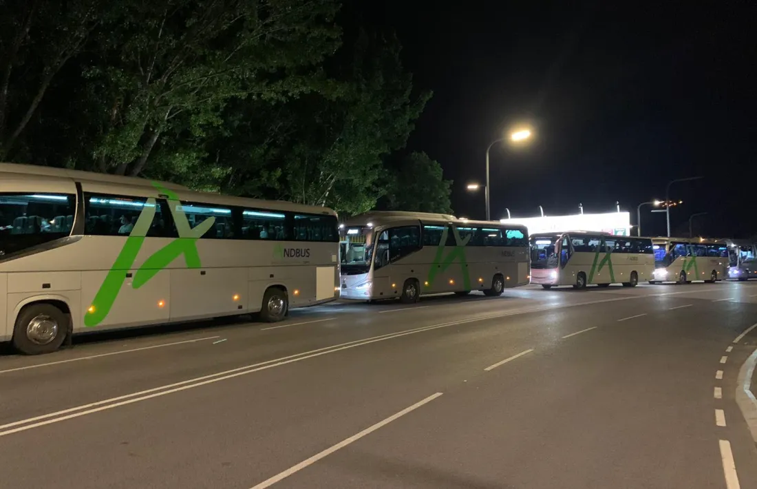 Part dels autobusos que formaven part de l'expedició que va sortir ahir a la nit cap a l'aerport de Madrid per traslladar-hi temporers argentins.