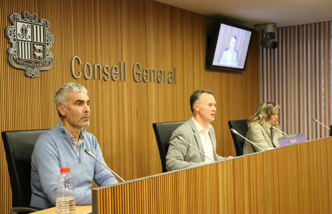 El president liberal, Ferran Costa, amb els parlamentaris Marc Magallon i Eva López, en la compareixença d’ahir.