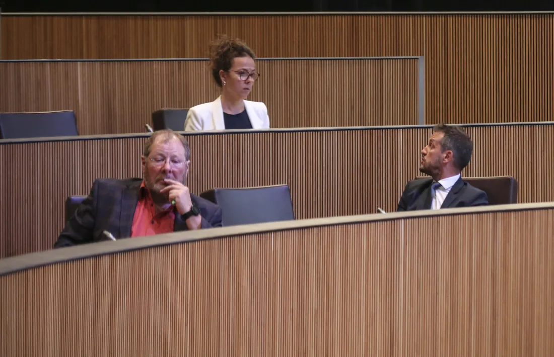 Intercanvi d’impressions entre president i presidenta suplent del grup socialdemòcrata, Pere López i Judith Salazar, ahir al Consell.