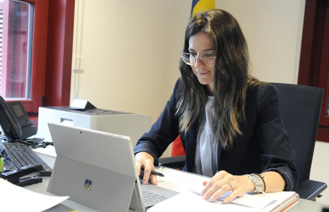 La ministra de Cultura i Esports, Sílvia Riva, en un moment de la reunió telemàtica celebrada aquest dilluns.