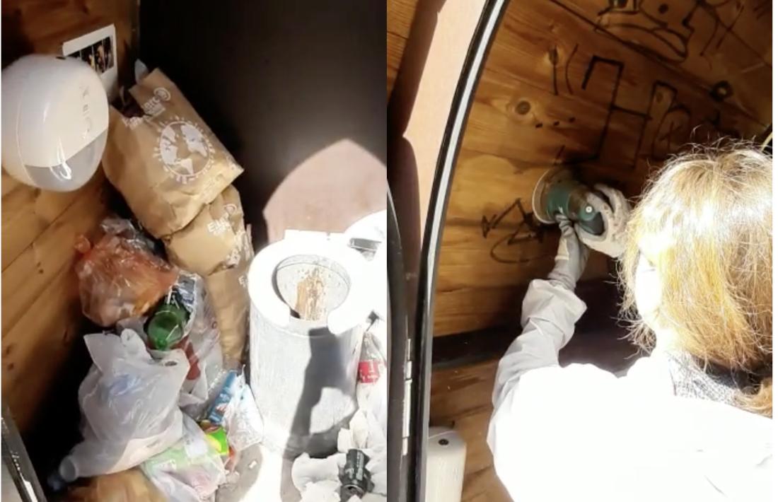 La brossa al lavabo i la pintada de grafits a la paret del refugi de Cabana Sorda.