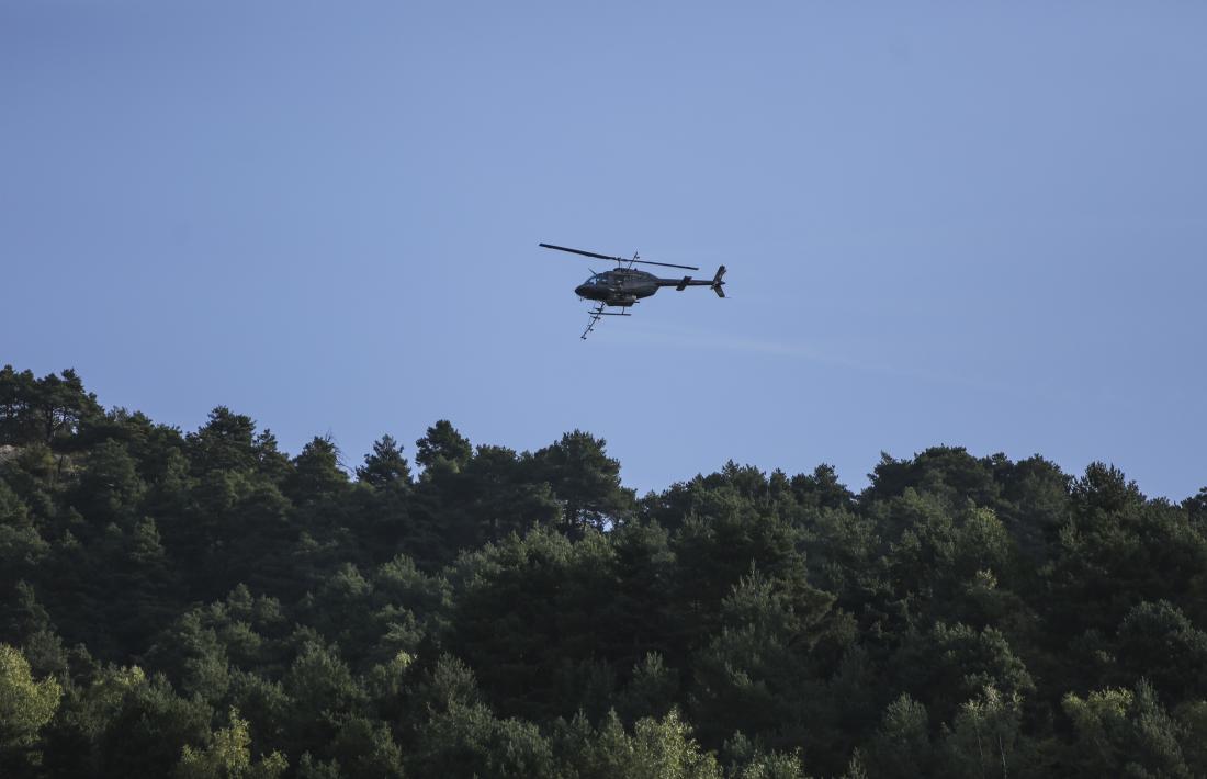 L’helicòpter encarregat de la fumigació sobrevolant boscos de la Massana, ahir.