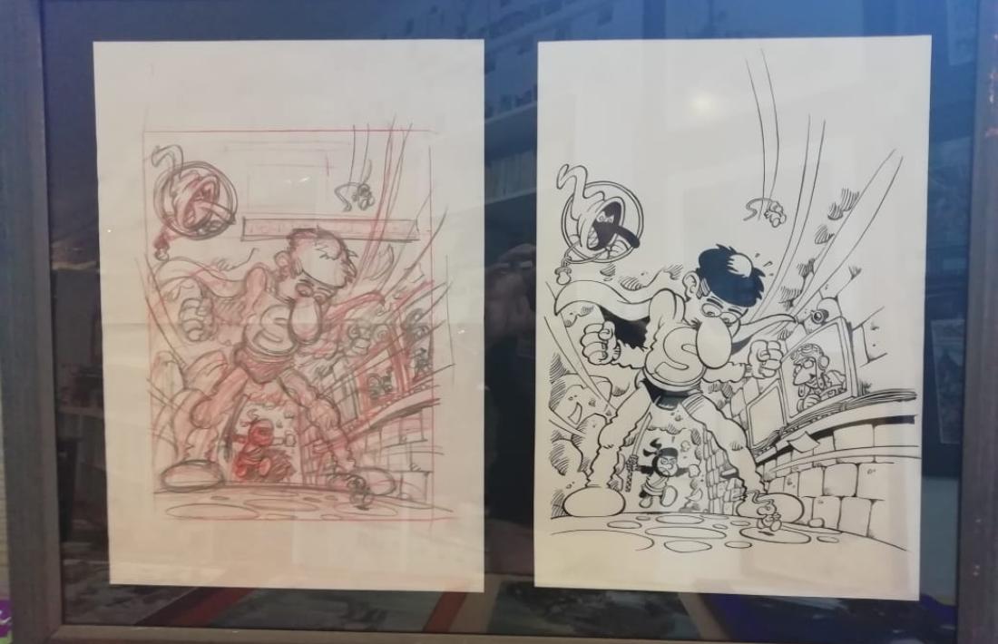 Dues de les planxes originals que s’exposaran, amb esbossos del popular personatge creat per Jan. 
